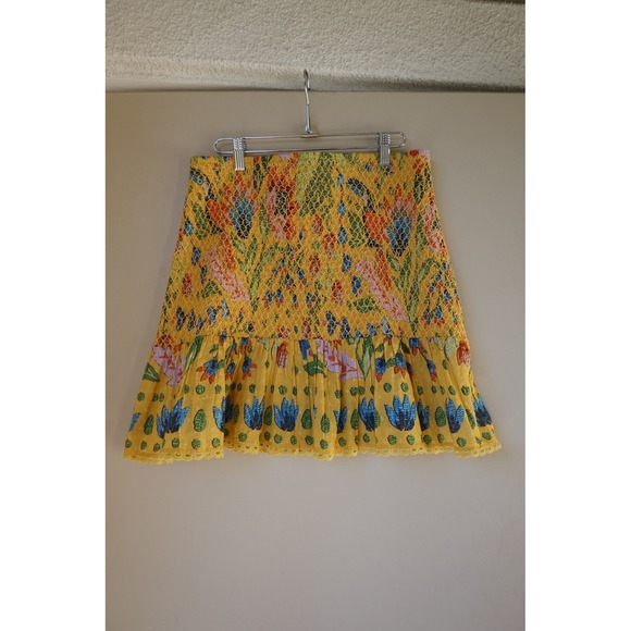 FARM Rio Summer Garden Smocked Waist Mini Skirt Yellow Floral Print Size M - Picture 3 of 10
